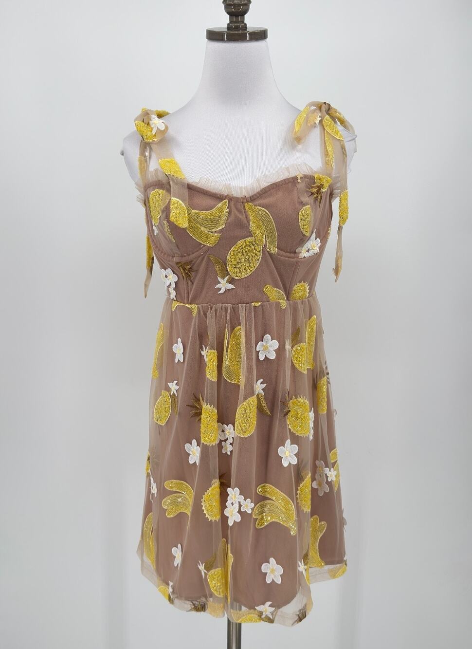 For Love & Lemons Fruitpunch Pineapple Sequin Yellow Mini Dress Sz M NEW